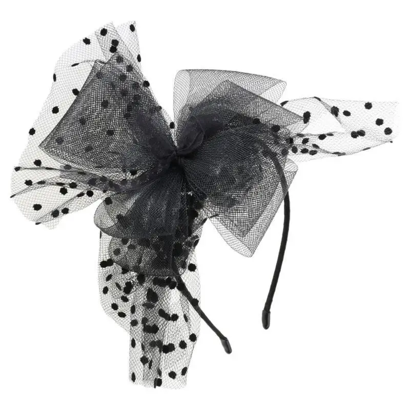 

652F Женская винтажная шляпа для чаепития с ультра-большой повязкой на голову с бантом в горошек