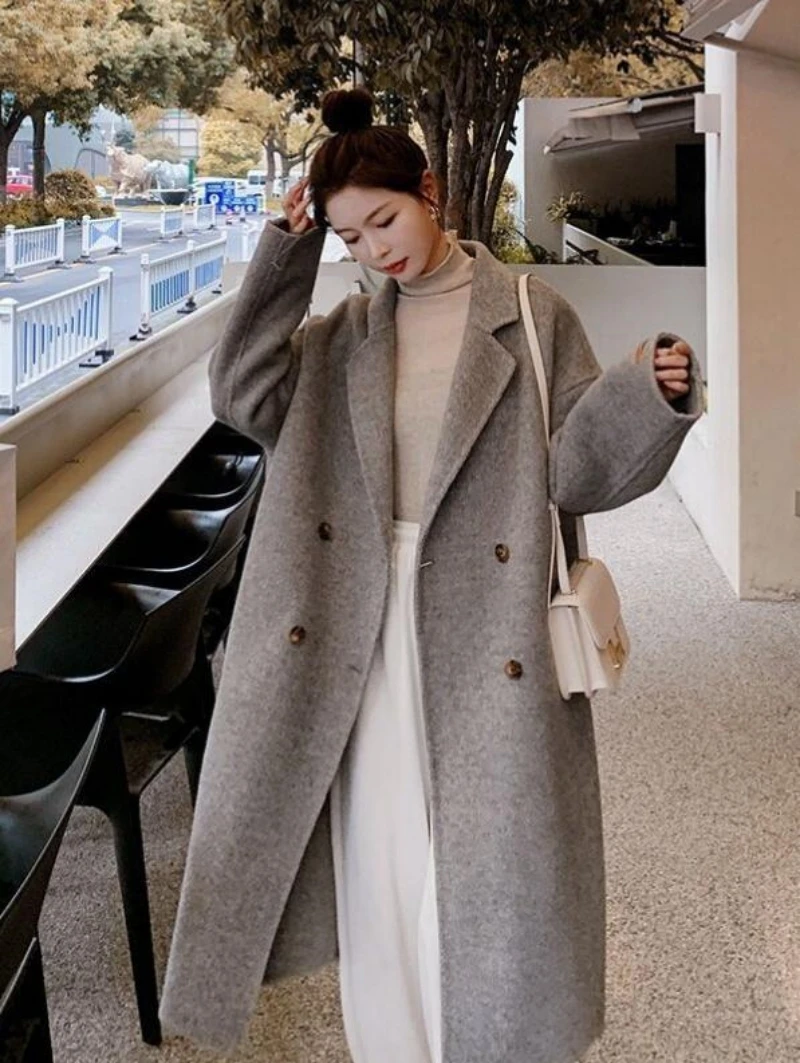 Winter Wool Double Sided Coats Women 2023 Autumn Double Breasted Lapel Long Warm Overcoat Office Lady