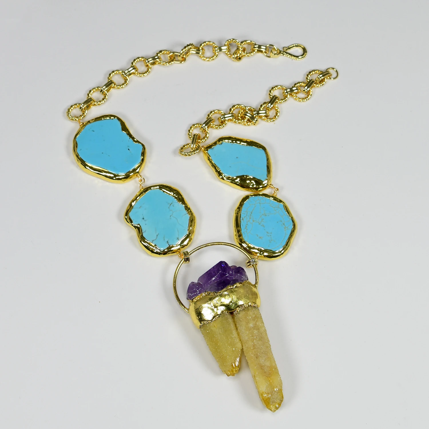 GG 24K Gold Plated Turquoise Lariat Rare Natural Yellow Citrine Pendant Necklace