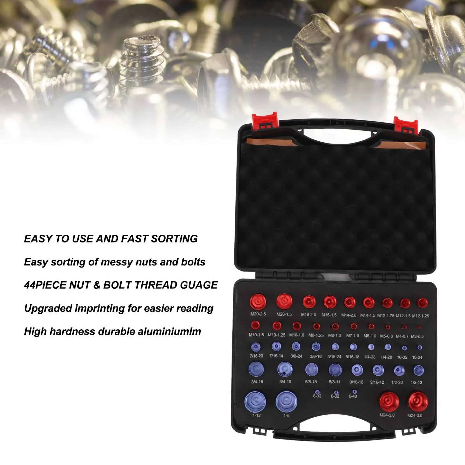 44pcs Nut and Bolt Thread Checker Red Blue Nut and Bolt Size Gauge Inch Metric Nut and Bolt Identifier Gauge Set