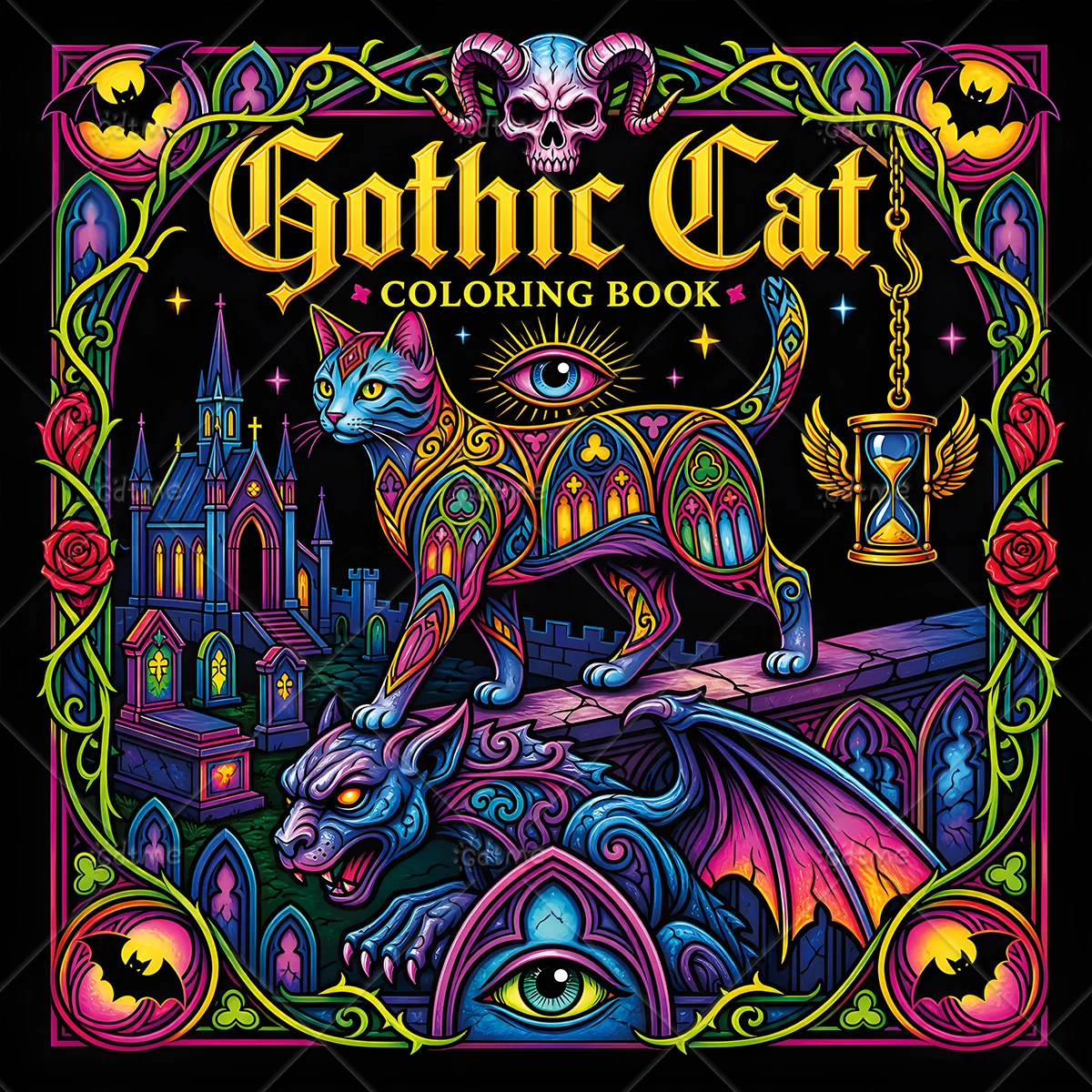 Gothic Cat Adult Coloring Book Mystical Gothic Cat Gargoyle Castle Scenes, Stress & Anxiety Relief Dark Fantasy Art Therapy Book