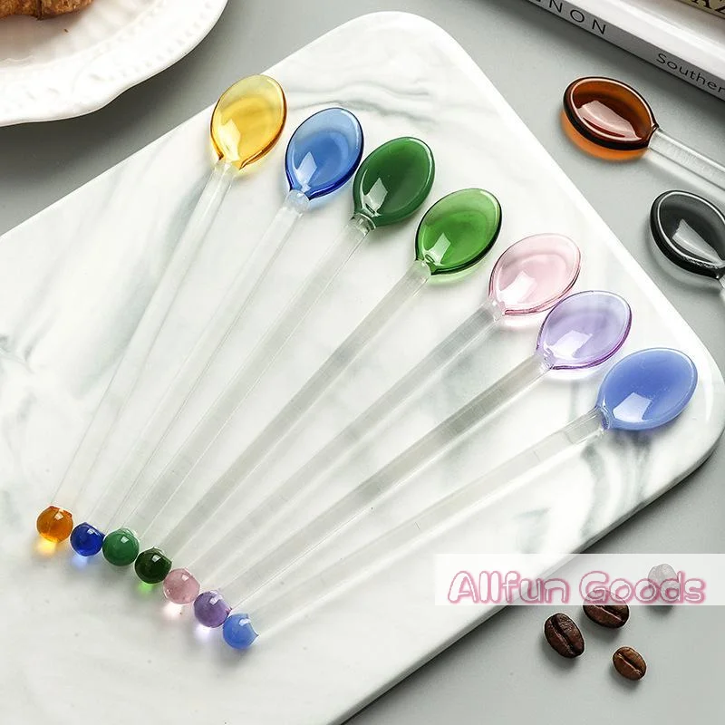 [TG835]Colorful Transparent Long Handle Heat Resistant Glass Stirring Spoons For Coffee Tea Dessert Mixing