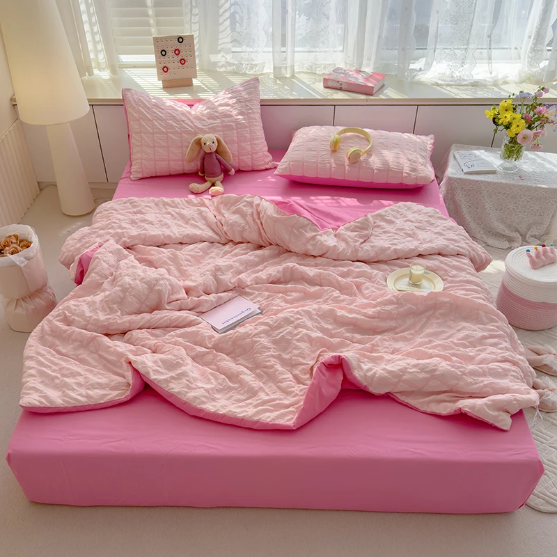 Bubble Yarn Summer Four-Piece Set Princess Style Girl Heart Air Conditioning Quilt Thin Quilt Core Without Pillowcase