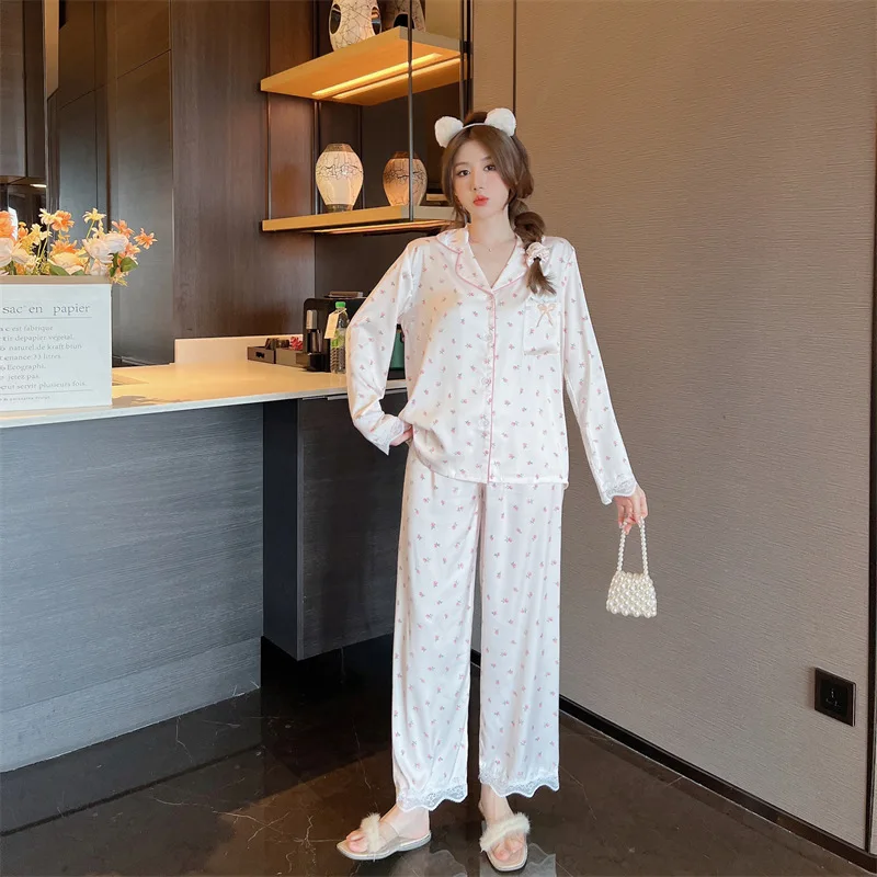 طقم ملابس نوم نسائية خفيفة الوزن للربيع/الخريف: بلوزة وسروال بأكمام طويلة باللون الوردي الخوخي الحلو للمنزل #4