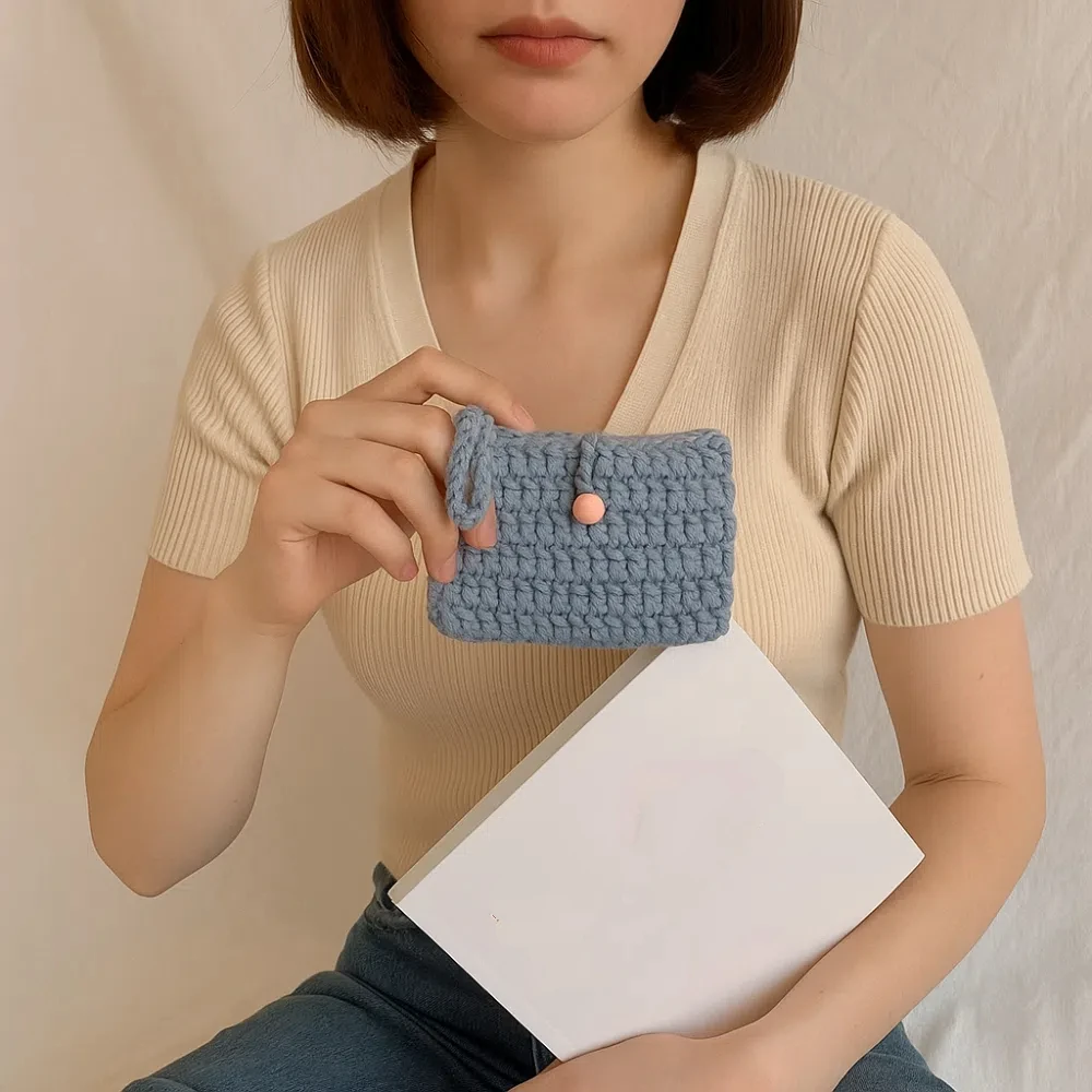 جديد الحياكة الكروشيه عملة المحفظة مربع اليدوية النسيج حافظة للبطاقات بلون حقائب اليد الصغيرة للسيدات