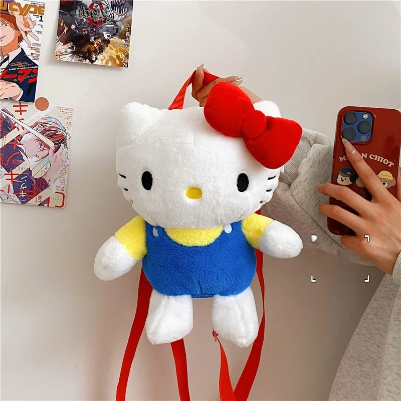 Japanese style beautiful red bow pocket cartoon children's anime peripheral Kitty plush toy cute cartoon plush backpack male