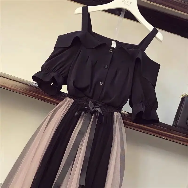 Women Summer Short Sleeve Top + Mesh Skirt 2 Pieces Set High Waist Skirts Suit 2023 Summer Female Outfit