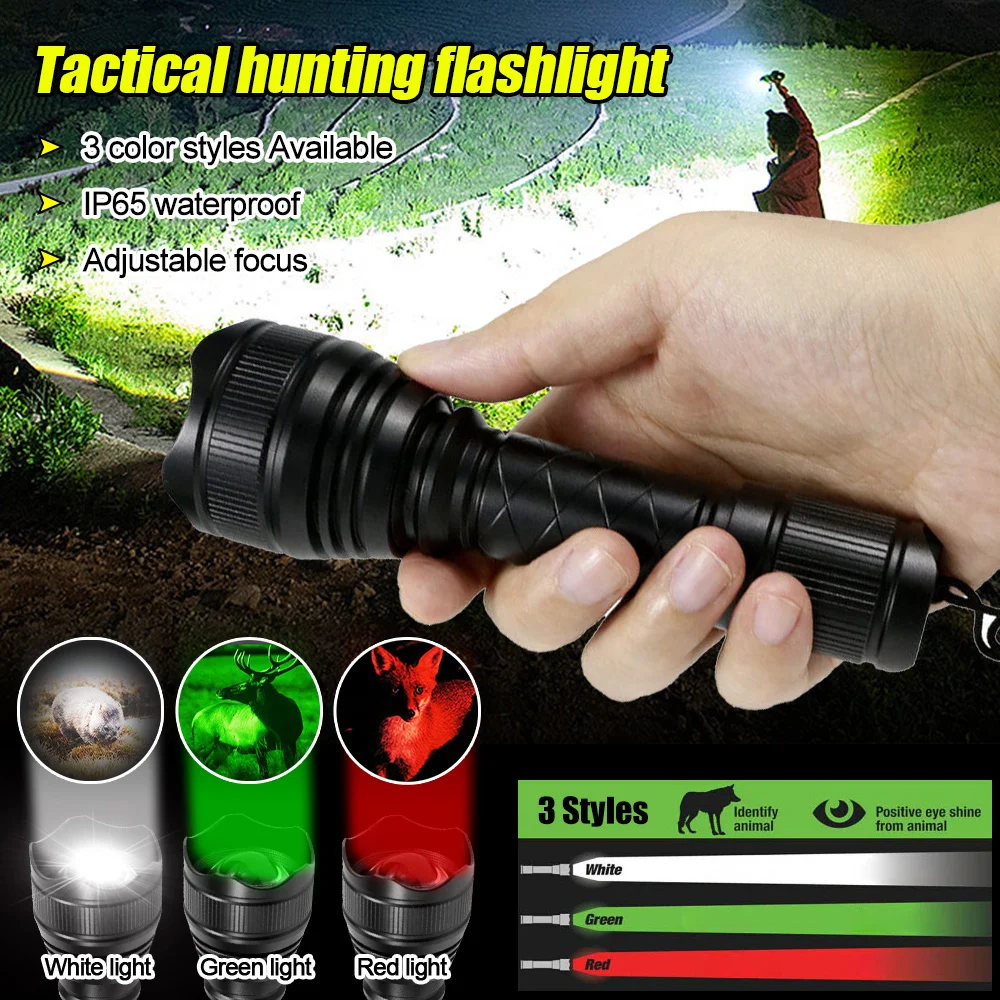 500 Yards T21 Professional Green Red Hunting Flashlight Tactical 1-Mode Zoom Torch USB Rechargeable Hog Predator Varmint Lantern