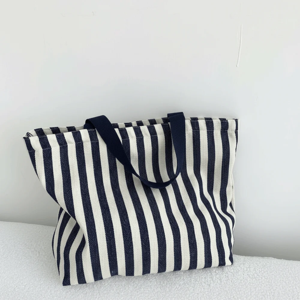 Canvas Stripe Canvas Tote Bag Large Capacity Korean Style Shoulder Bag Zipper Crossbody Bag Shopping Handbag All-match