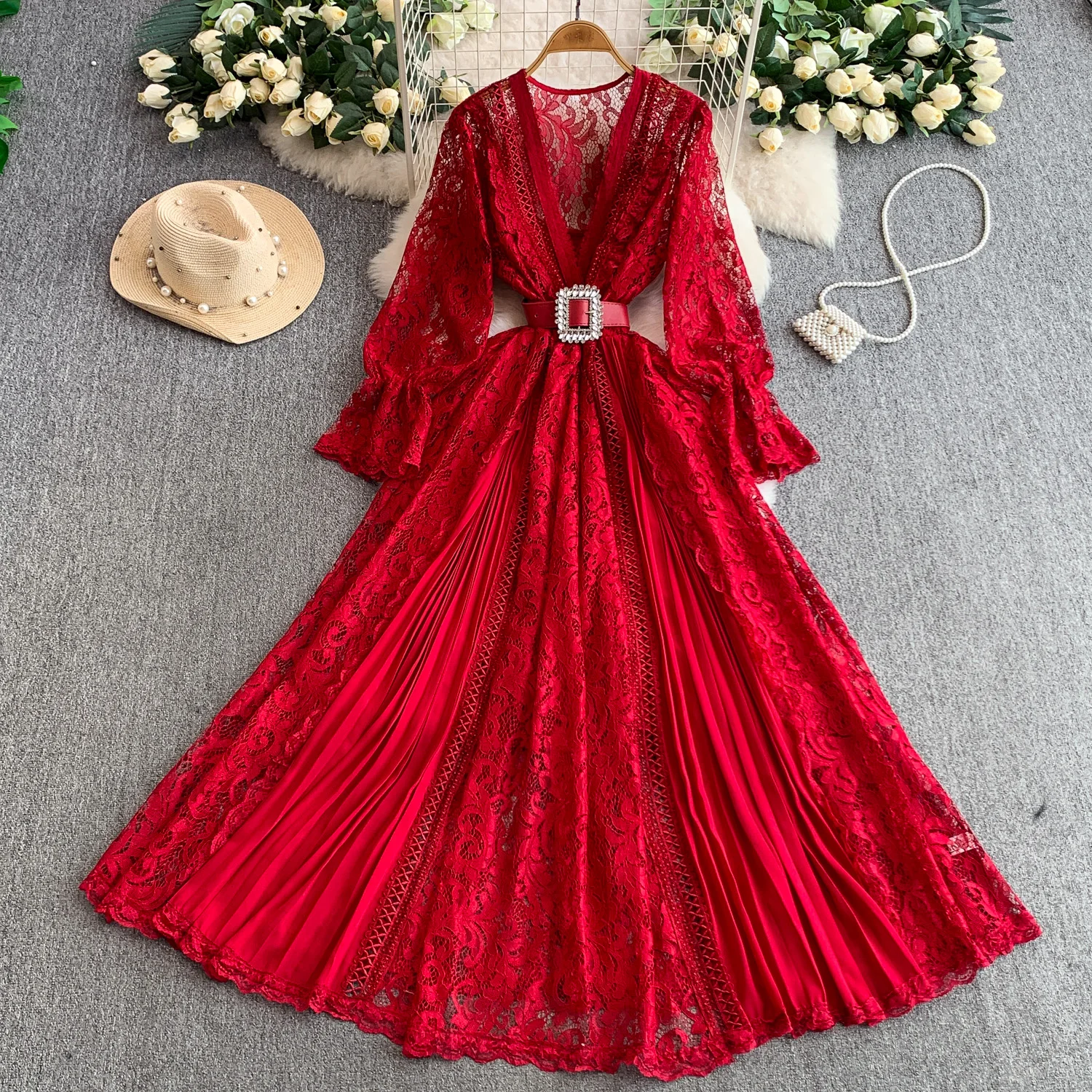 Abito vintage chic a maniche lunghe con scollo a V Elegante fata moda coreana Boho Sundress abbigliamento donna