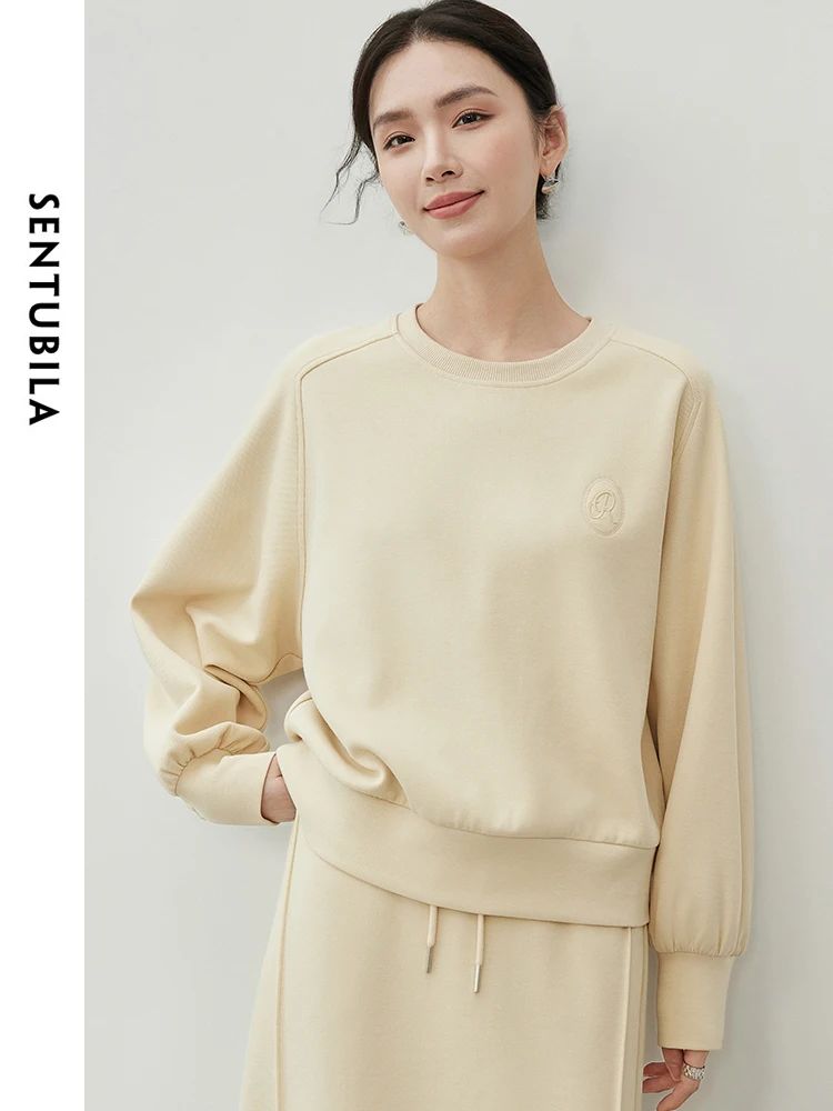 

SENTUBILA Women Cotton Letter Embroidery Sweatshirts 2024 Autumn Casual Knitted O Neck Long Sleeve Pullovers 143A55737