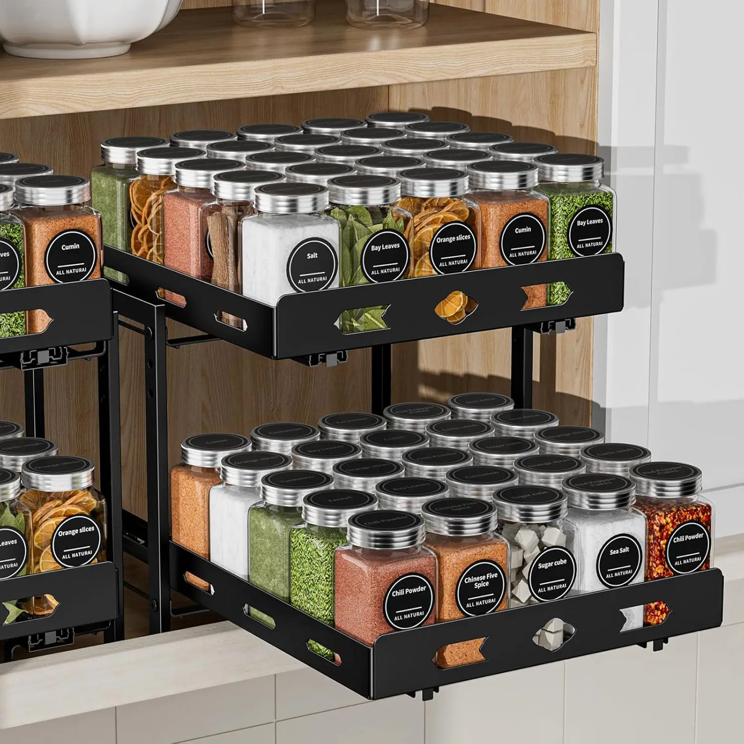 

Pull Out Spice Rack Organizer for Cabinet, 2 Tier Cabinet Spice Rack Organizer, Height Adjustable Rack for Kitchen Cabinet