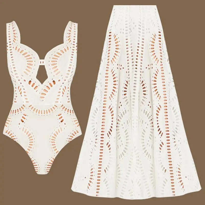 

Flaxmaker 2025 Women Swimsuit And Skirts Summer White Hollow Out One Piece Swimwear Femme Sexy Deep V Neck Beachwear Sets