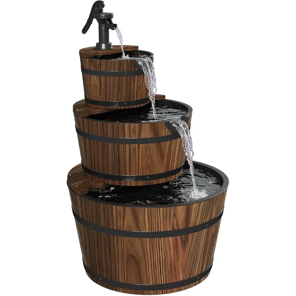 

3-Tier Outdoor Water ountain, Wood Barrel Cascading with Electric Decorative Hand Pump, Rustic Waterall ountain or Garden, Backy