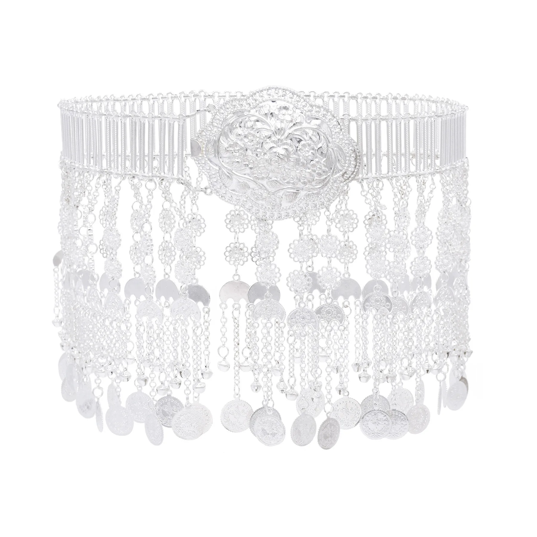 

Многослойный широкий пояс из сплава, серебряная монета, длинная кисточка, прочная поясная цепочка для Малайзии, Индонезии, невесты, этнические аксессуары на талию