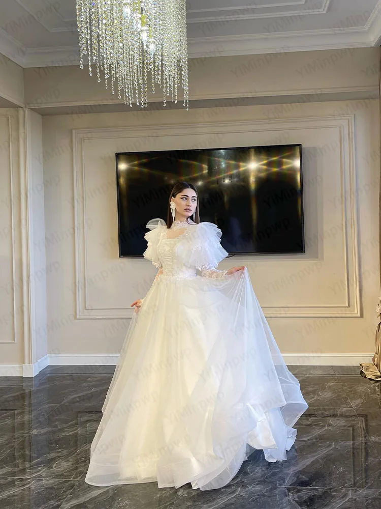 Eleganckie suknie ślubne z wysokim dekoltem, długim rękawem, księżniczka, linia A, zdobione koralikami, suknia ślubna do kościoła, szyta na miarę, robe de mariée