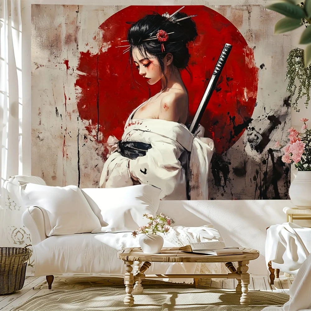 Fondo de samurái japonés, kimono blanco con tapiz de espada, revestimiento decorativo de pared para mujer con acento floral rojo, sala de estar