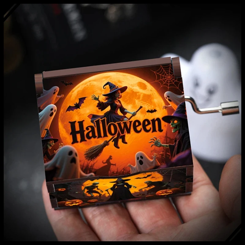 Halloween mini manivela caixa de música seis lados pintado caixa musical de madeira presente vintage para festa de férias decoração de casa