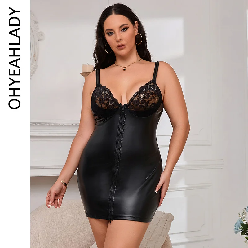 

Ohyeahlady Black Baby doll Faux Leather Lace Zipper Erotic Lenceria Sexy Plus Size Lingerie Nightgown Women Fancy Hot Mini Dress