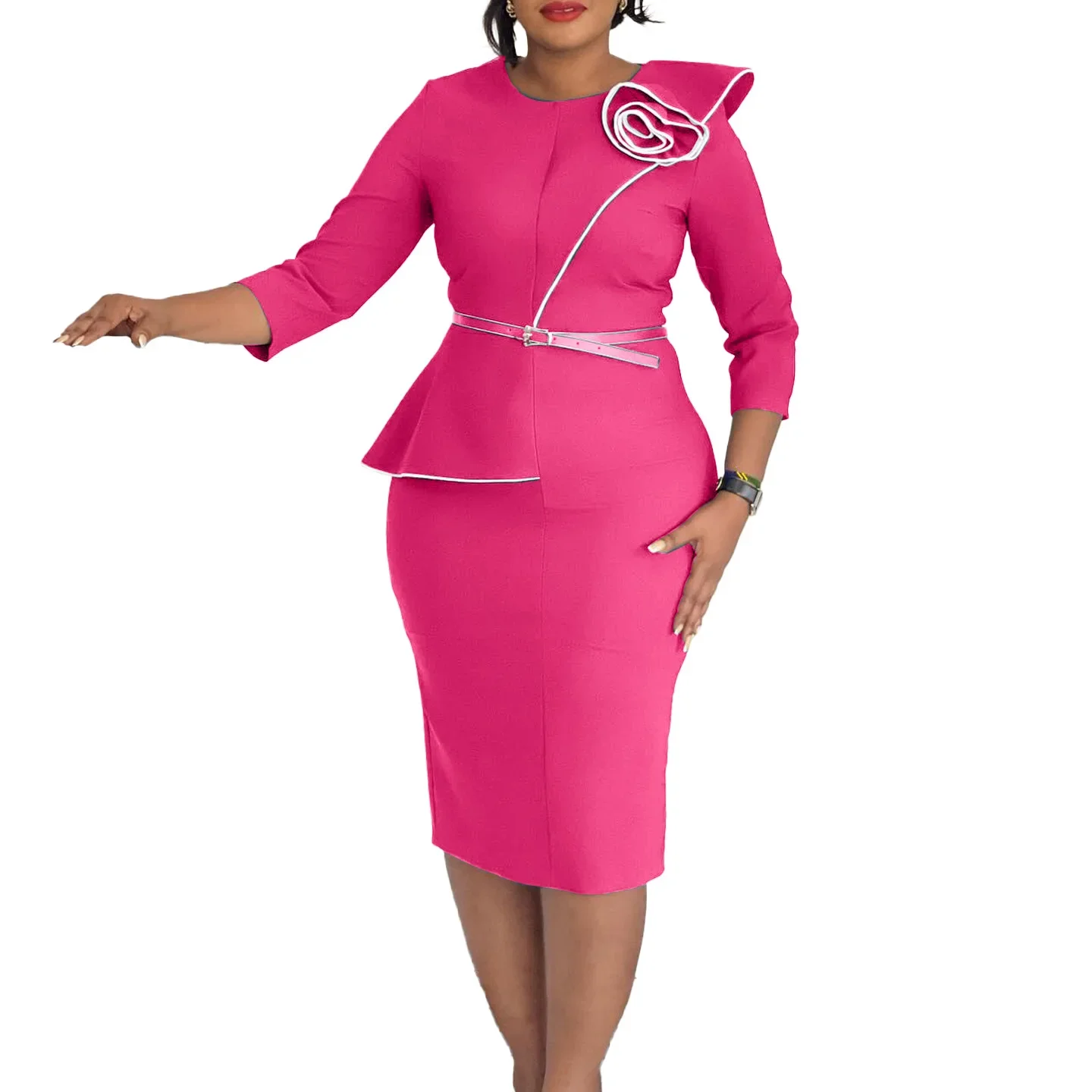 

Customized Summer Pink Birthday Party Dresses Women Sexy V Neck Ruched Flare Sleeve High Waist Pleated A-line Dress Office Lady