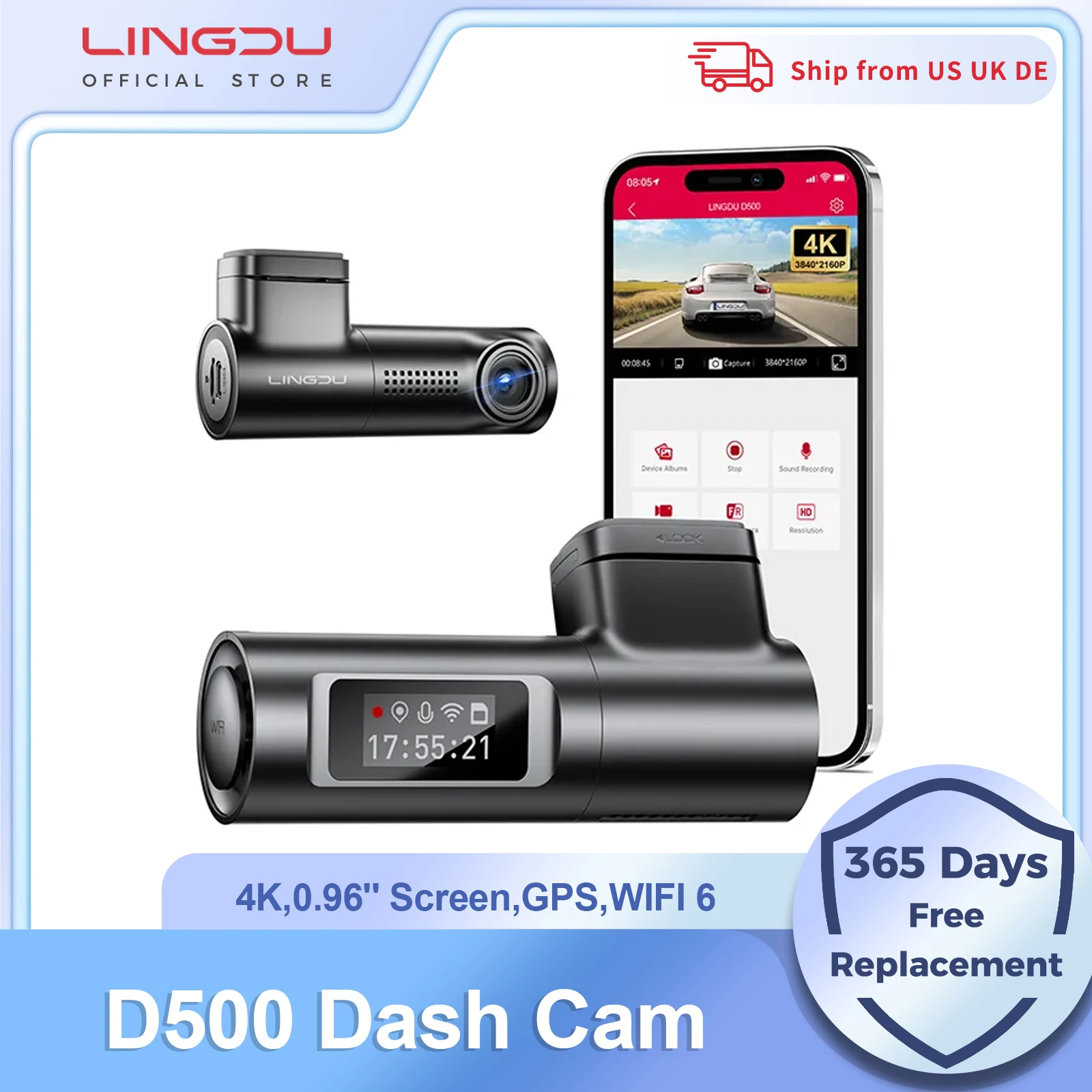 LINGDU Dash Cam D500 4K 2160P UHD Car DVR Dash Camera Recorder GPS WiFi English Voice Control 24H Parking Monitor Night Vision