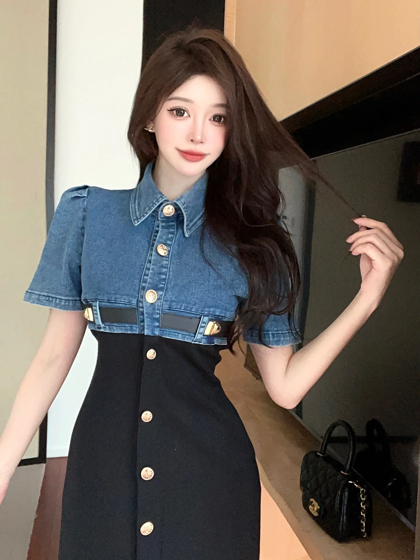 2024 Summer Fake Two Piece Denim Splicing Polo Neck Single Breasted Short Sleeve Dress Women Cinching Waist Slim Long Dress 02FB