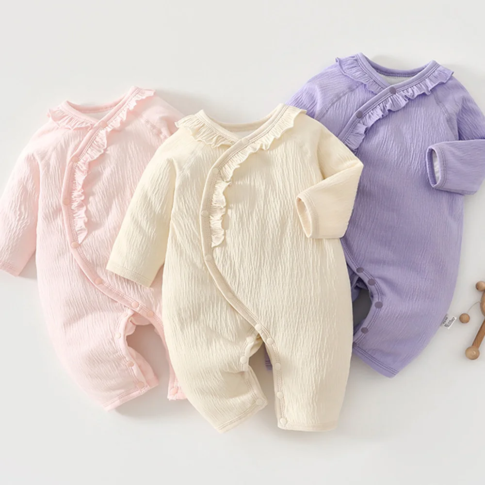 

Baby Winter Clothes Quilted Warm Autumn Baby Rompers For Girls Long Sleeve Solid Color Ruffles Christmas Baby Jumpsuit