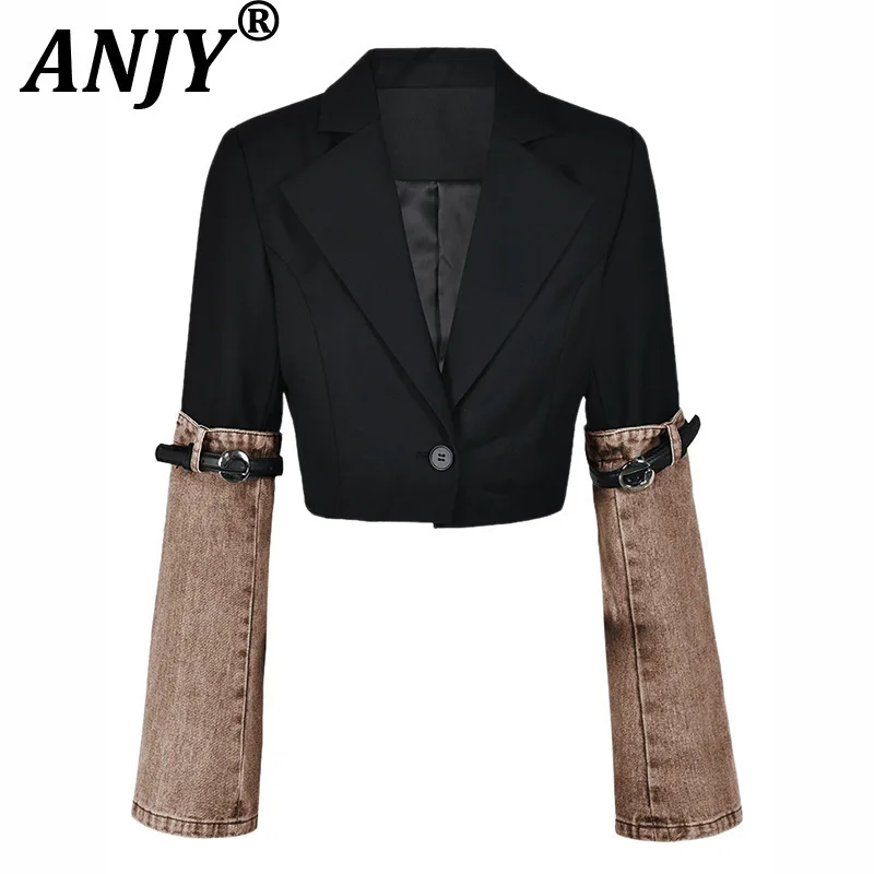 ANJY Autumn New Women Street Style Denim Patchwork Temperament Small Blazer Ins Trend Single Button Slim Versatile Jacket A14315