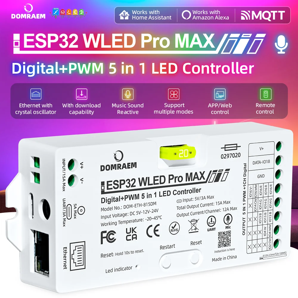ESP32 Wled Digital PMW 5 in 1 LED Controller Ethernet WiFi Sound Reactive UART Energy Save Relay 20A Pluggable Fuse Level Shifte