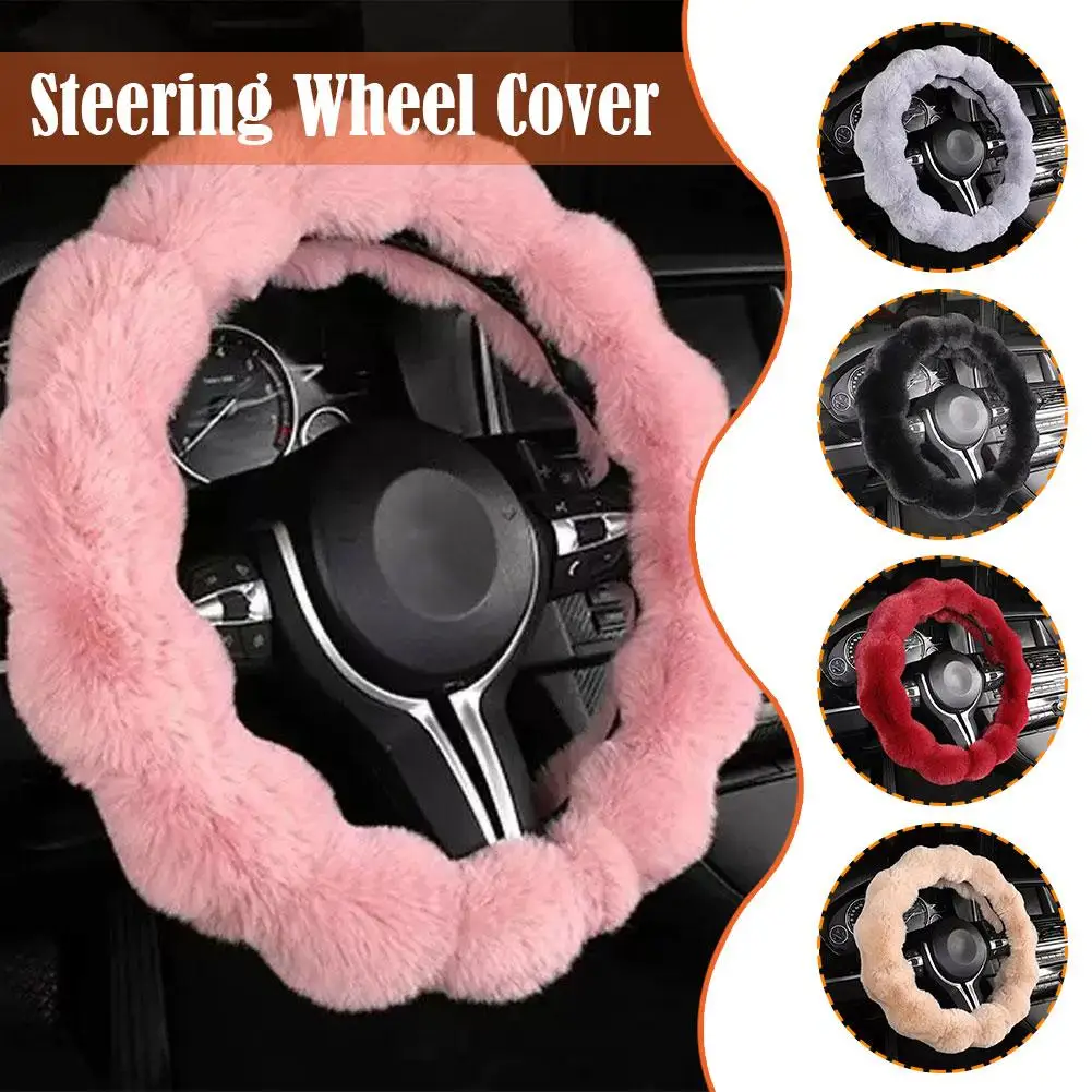 Car Steering Wheel Cover Winter Warm Soft Fluffy Plush Car Steering Wheel Cover Cute Non-Slip Elastic Protector Grip for Winter