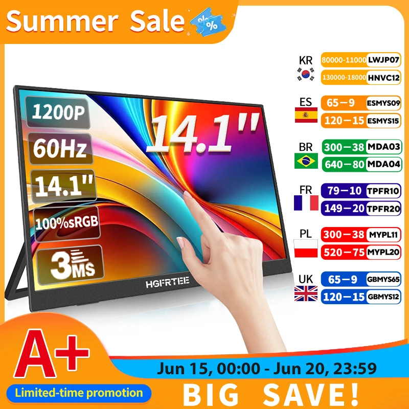 Monitor Portátil HGFRTEE de 14 Polegadas com Tela Sensível ao Toque/Não Sensível ao Toque Opcional, 100% sRGB, 400cd/m², para Jogos e Expansão de Tela para Xbox, PS4/5, Switch