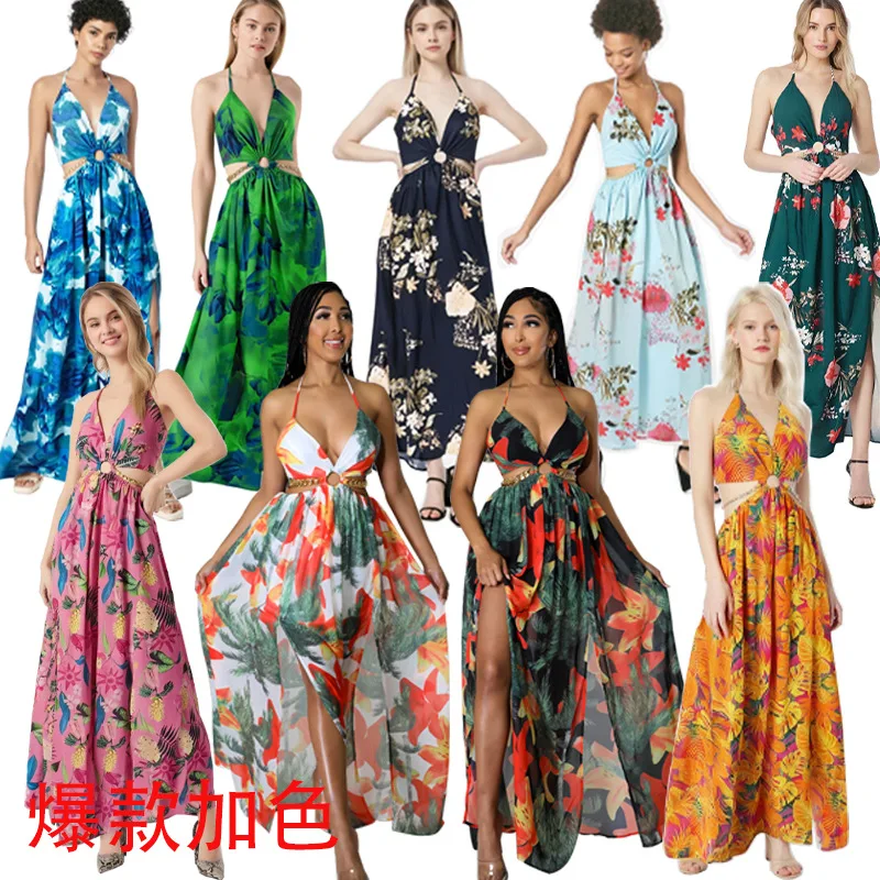 

Elegant Women Floral Halter V-neck Backless Cut Out Waist Chain Sleeveless High Side Split Fit Flare Maxi Long Dresses