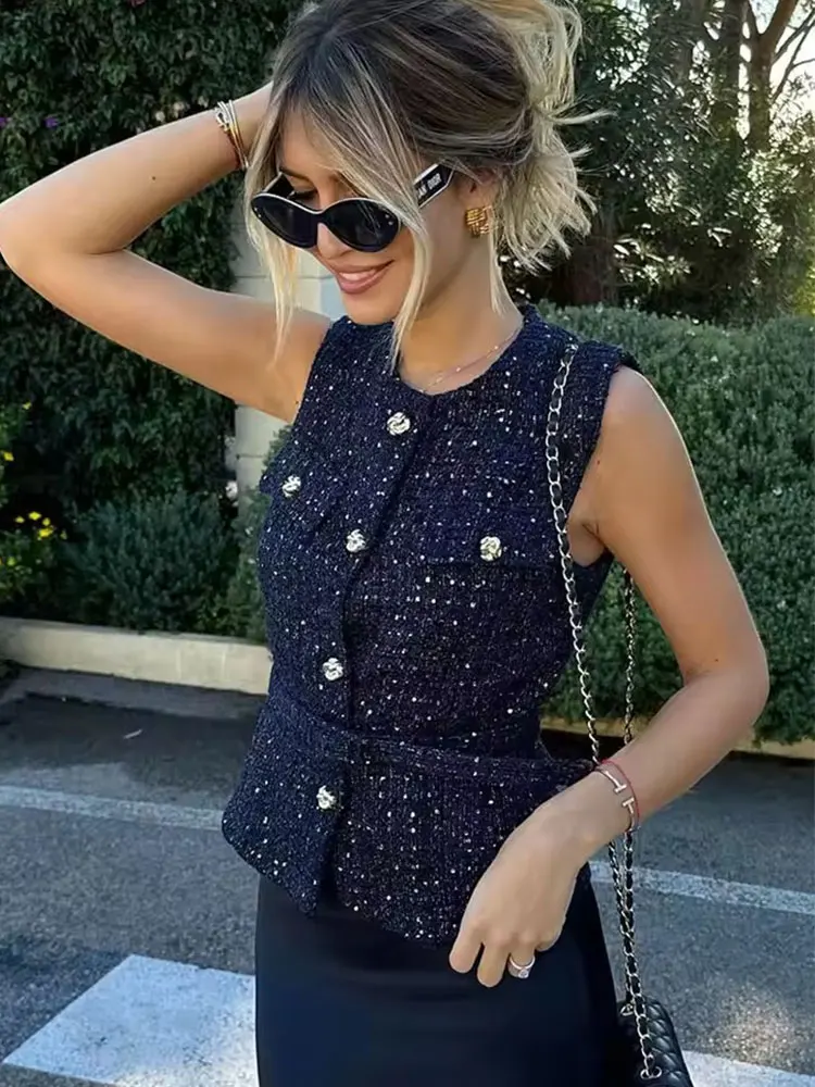 HH Woman Trendy Slim Tweed Vest Belted Button Sleeveless Waistcoat For Womens Elegant Fashion Party Casual Vacation Chic Tops