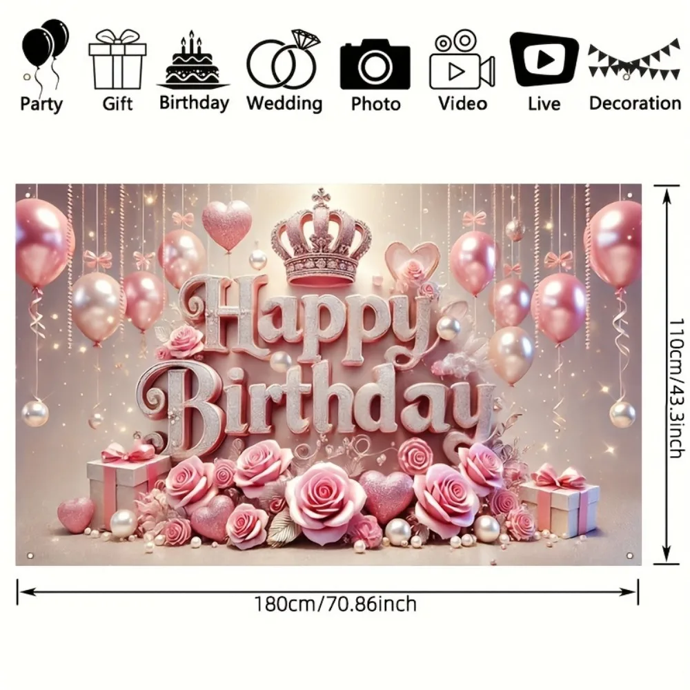 Happy birthday photography background, gorgeous crown and balloon theme, pink roses and glitter gift decoration