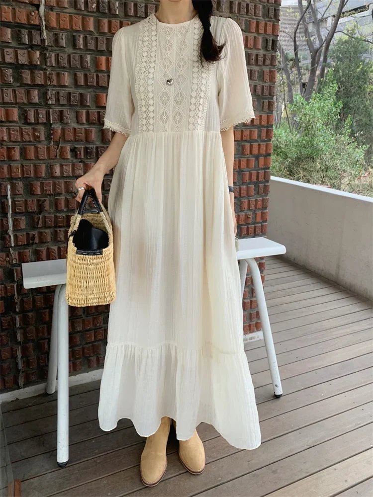 المرأة الياقة المستديرة قصيرة الأكمام الدانتيل الكروشيه فستان كاجوال فضفاض شاطئ حورية البحر عطلة فساتين طويلة بوهو نمط الأبيض Vestidos