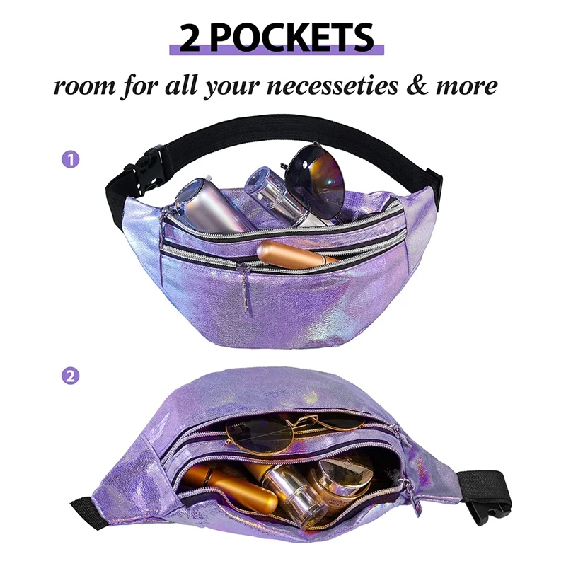 2 Pieces Metallic Color Waterproof Pack Bag Sport Waistbag Adjustable Waist Bag For Women Men Kids