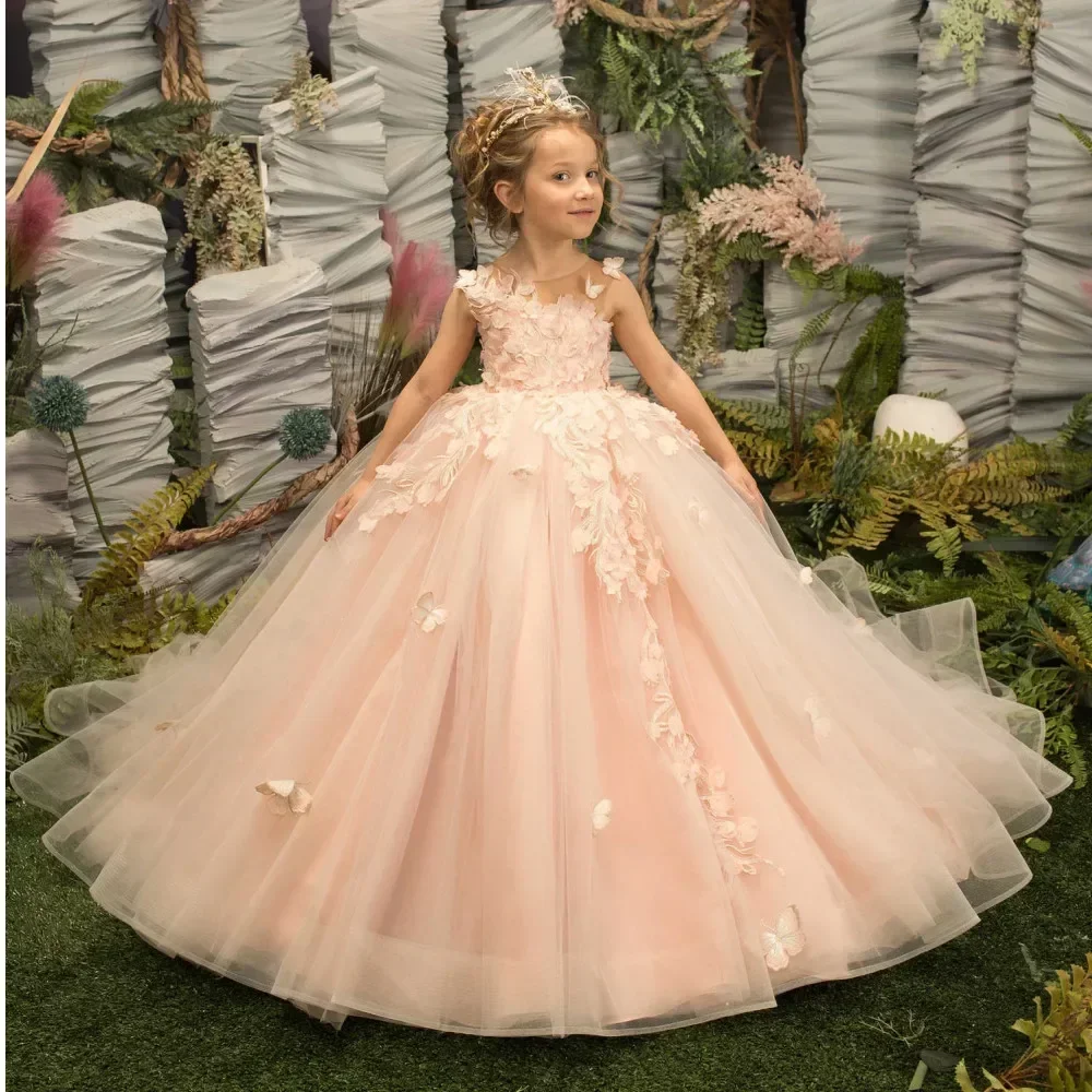 

Flower Girl Dresses for Wedding Party Dress For Kids 3D Floral Butterfly Appliques Princess Communion Pageant Pink Sleeveless