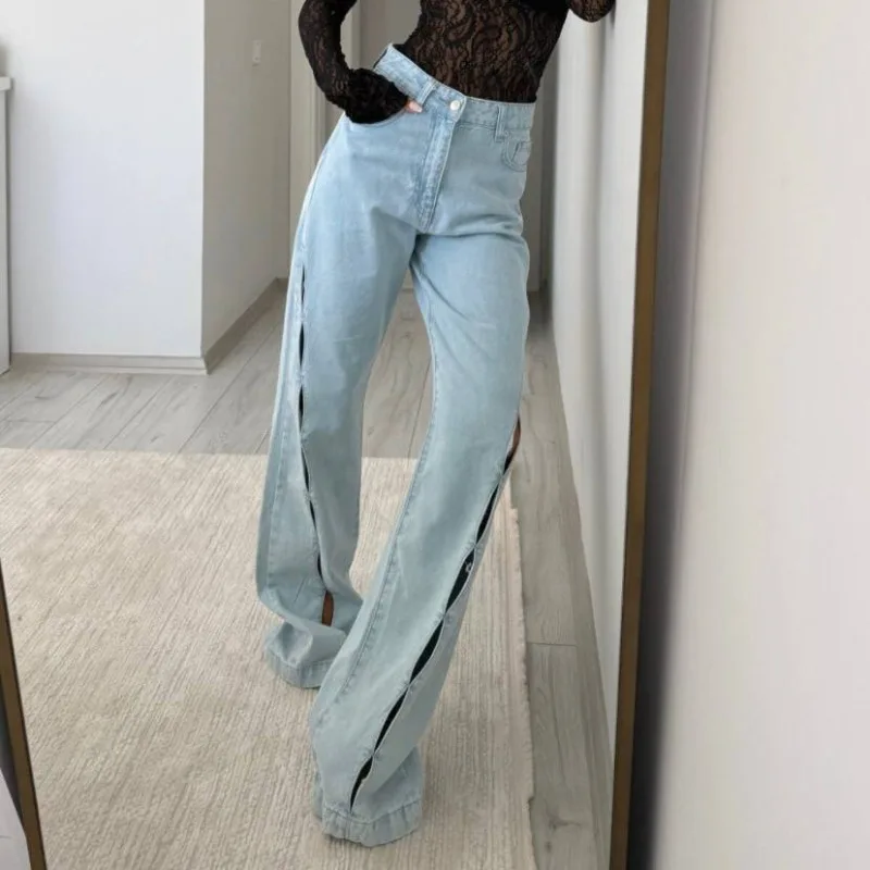

Street Vintage Jeans New Y2K Hollow Wash Blue Straight Baggy Jeans Denim Pants Womens High Waist Wide Leg Trousers Fashion Chic