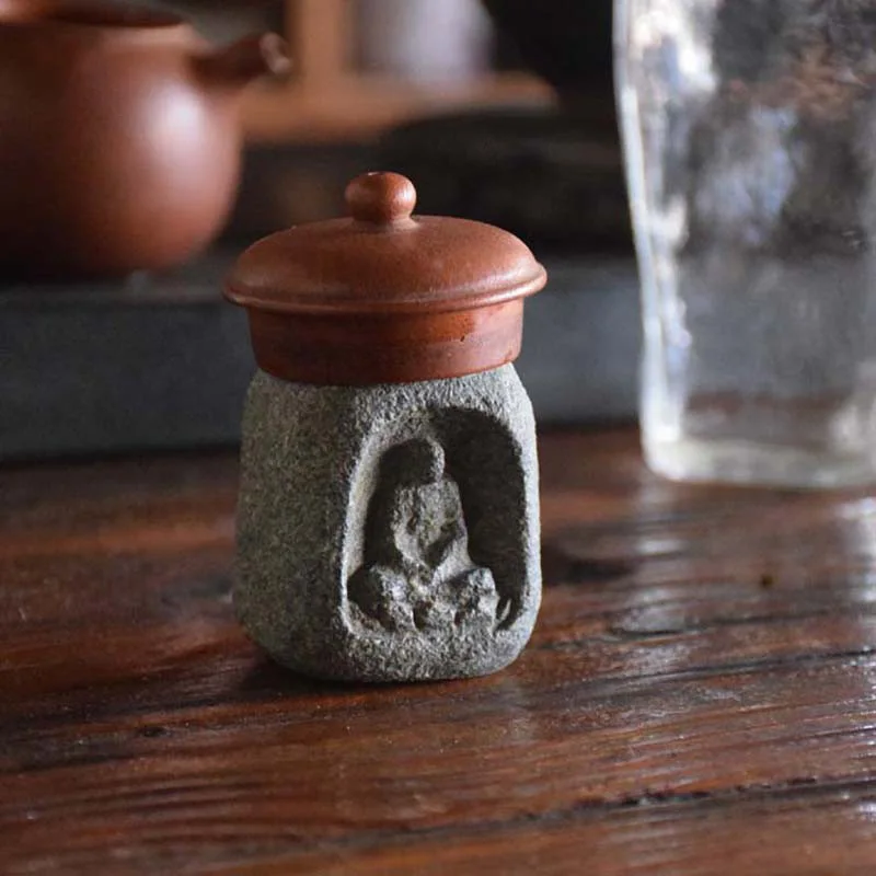 Buddha Stone Statue Decoration Table Ornaments Antiques Home Accessories Incense Teapot Cover Pedestal Handmade Handgrip Tea Pet