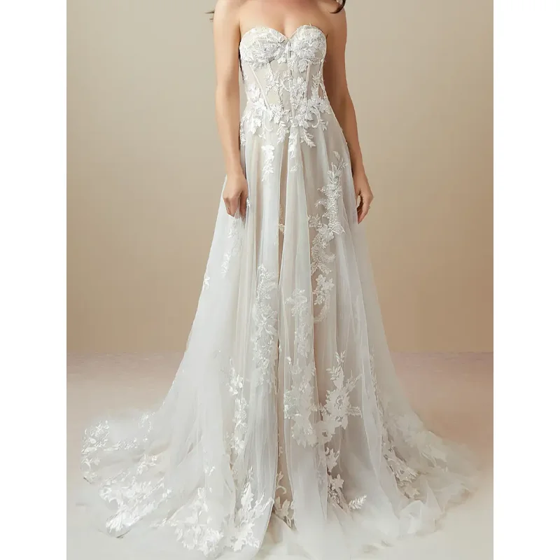 Women‘’s A Line White Wedding Dresses for Bride with Heart Neck Straps Sleeveless Bridal Gowns