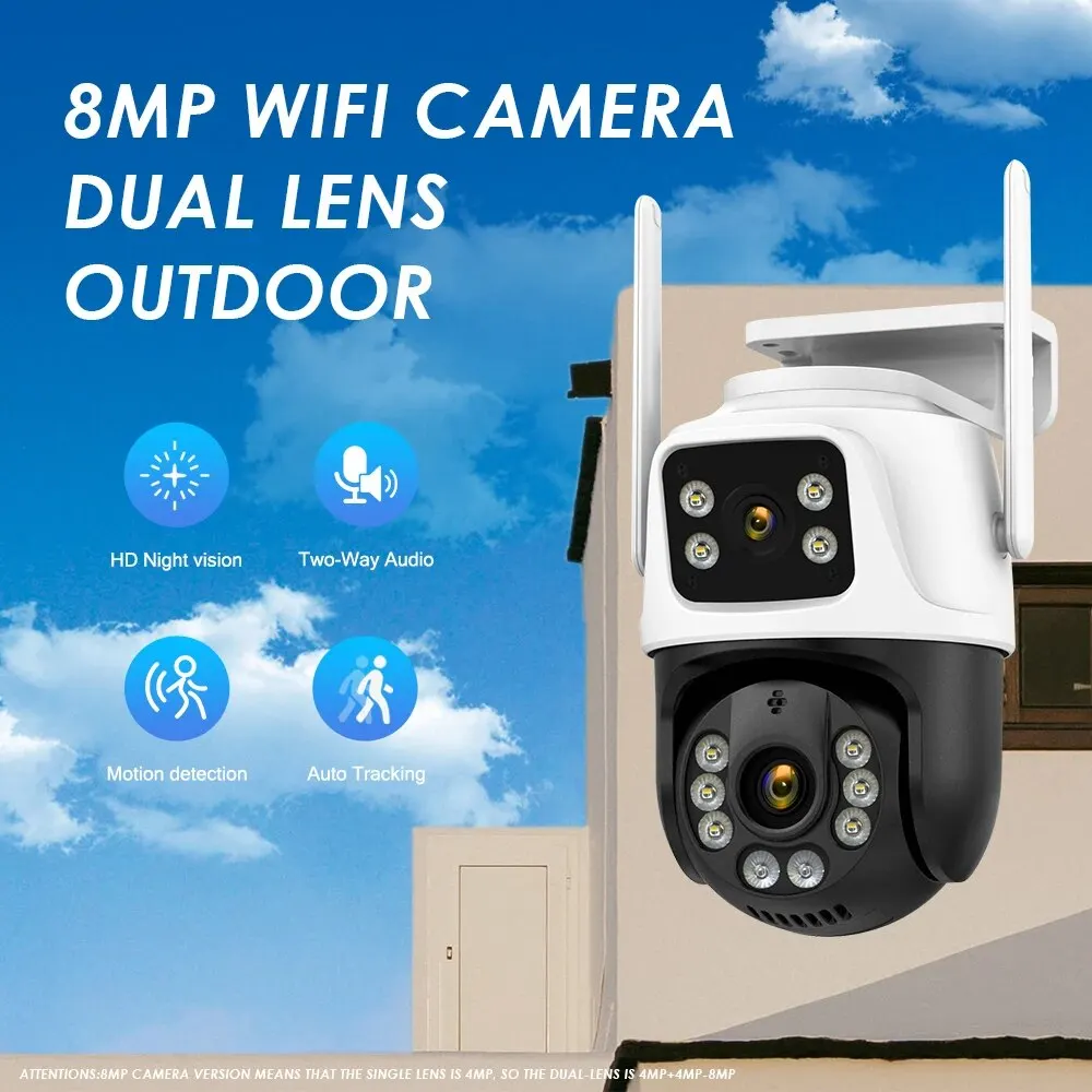 Dual Lens 360° Wifi Camera IP66 Security Protection 8MP 4K Wireless Outdoor Human Detection ICSEE Video Surveillance PTZ