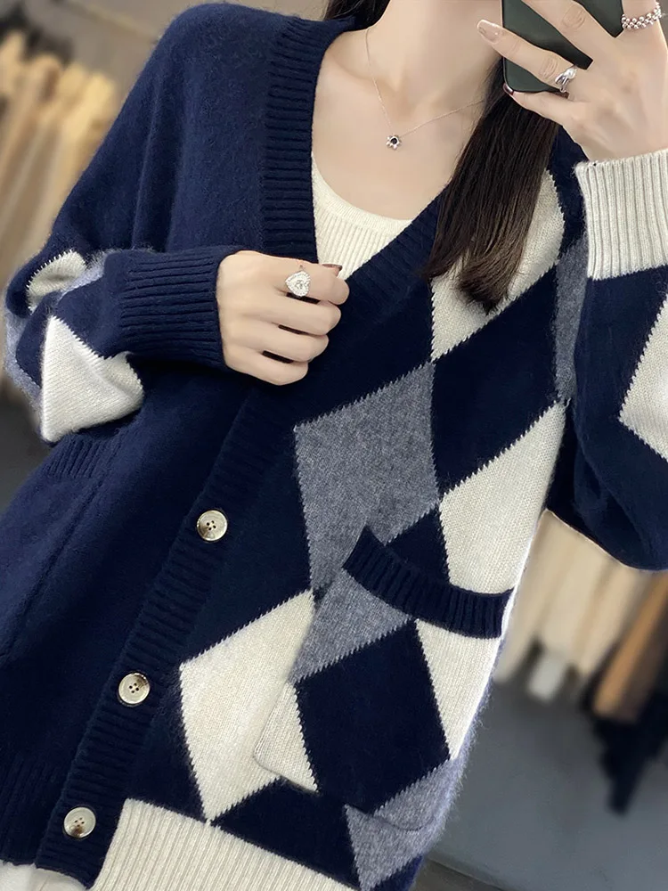 Large Size Thick Women\'s Cardigan 100% Merino Wool V-neck Pullover New In Coats Aesthetic Sweater Warm Fashion Knitwear Clothing