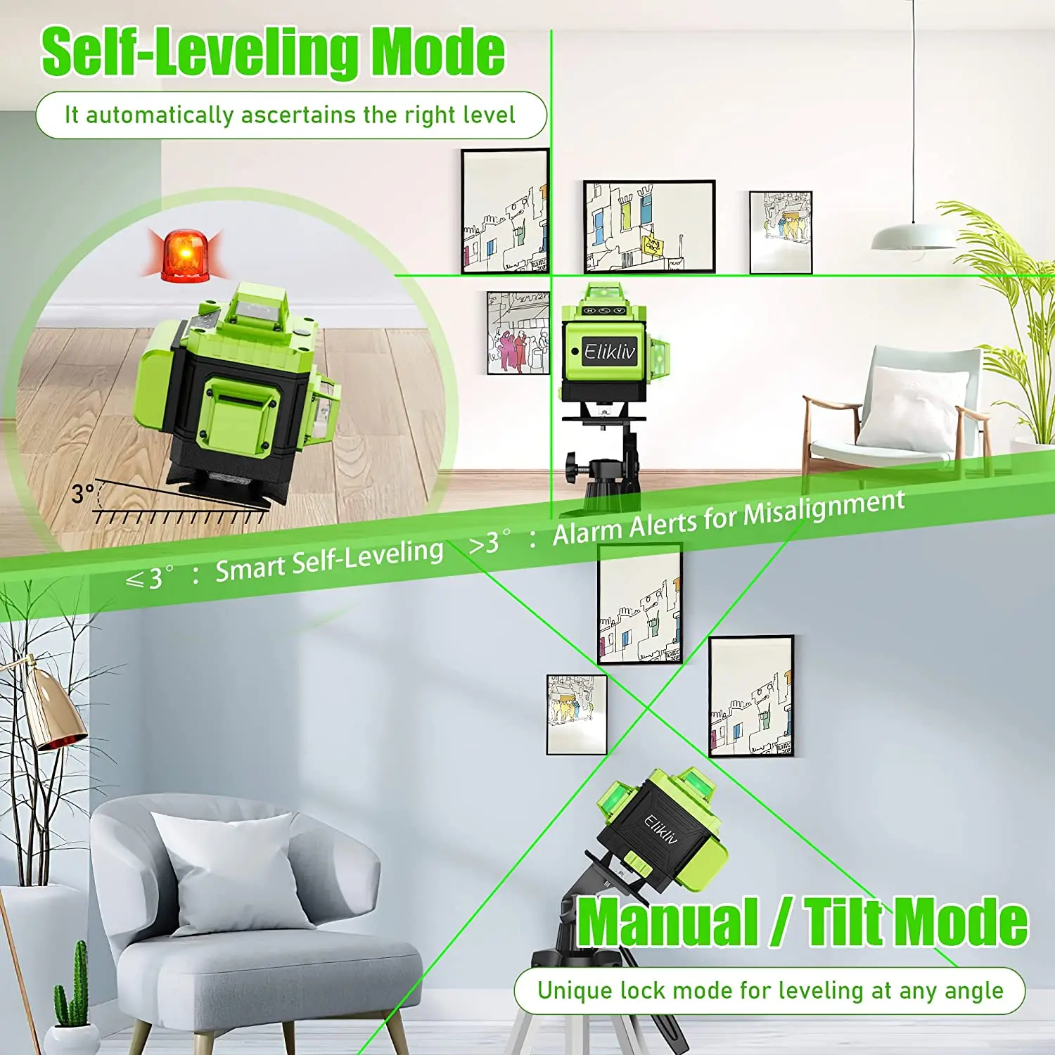 360 Laser Level Self Leveling 4D Green Beam 16 Lines Horizontal Vertical Four-Plane Leveling and Alignment Laser Level