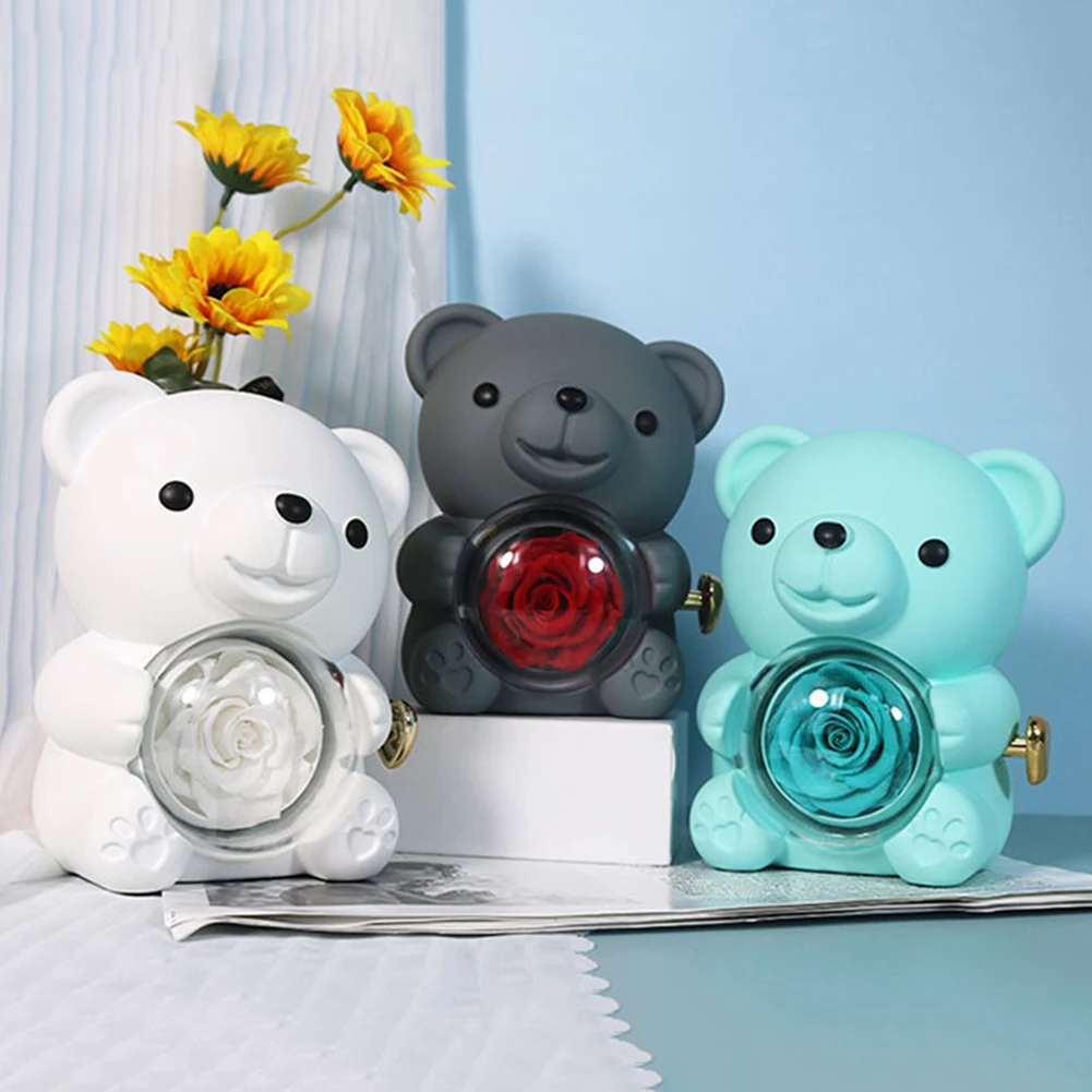 Cute Bear Gift Box Elegant Preserved Rose Gift Box with Gift Bag Bear Hug Eternal Rose Gifts for Valentines Day