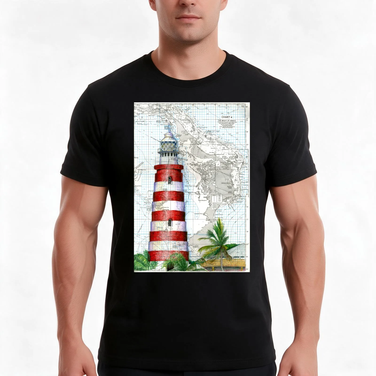 Hope Town Lighthouse Chartwork T-Shirt, Summer Casual Cotton Tee, Oversized Streetwear Tops, Vintage Graphic Print, 100% Cotton