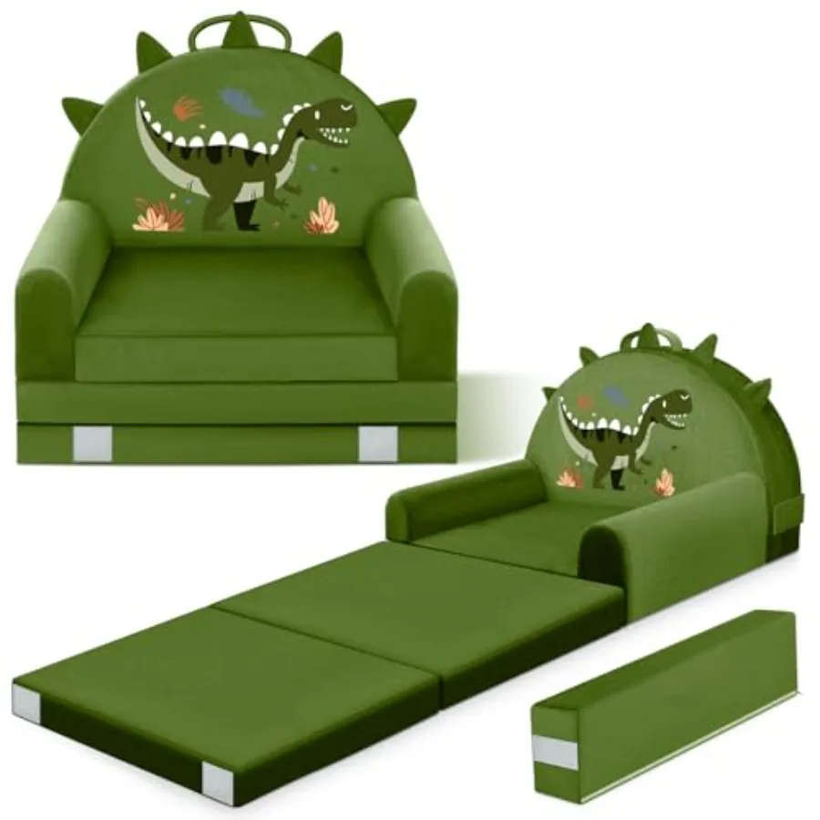 

Dinosaur Sofa Bed with Removable Washable Cover and Hook and Loop Backrest Foldable Toddler Chair Cozy Crystal Velvet Furniture