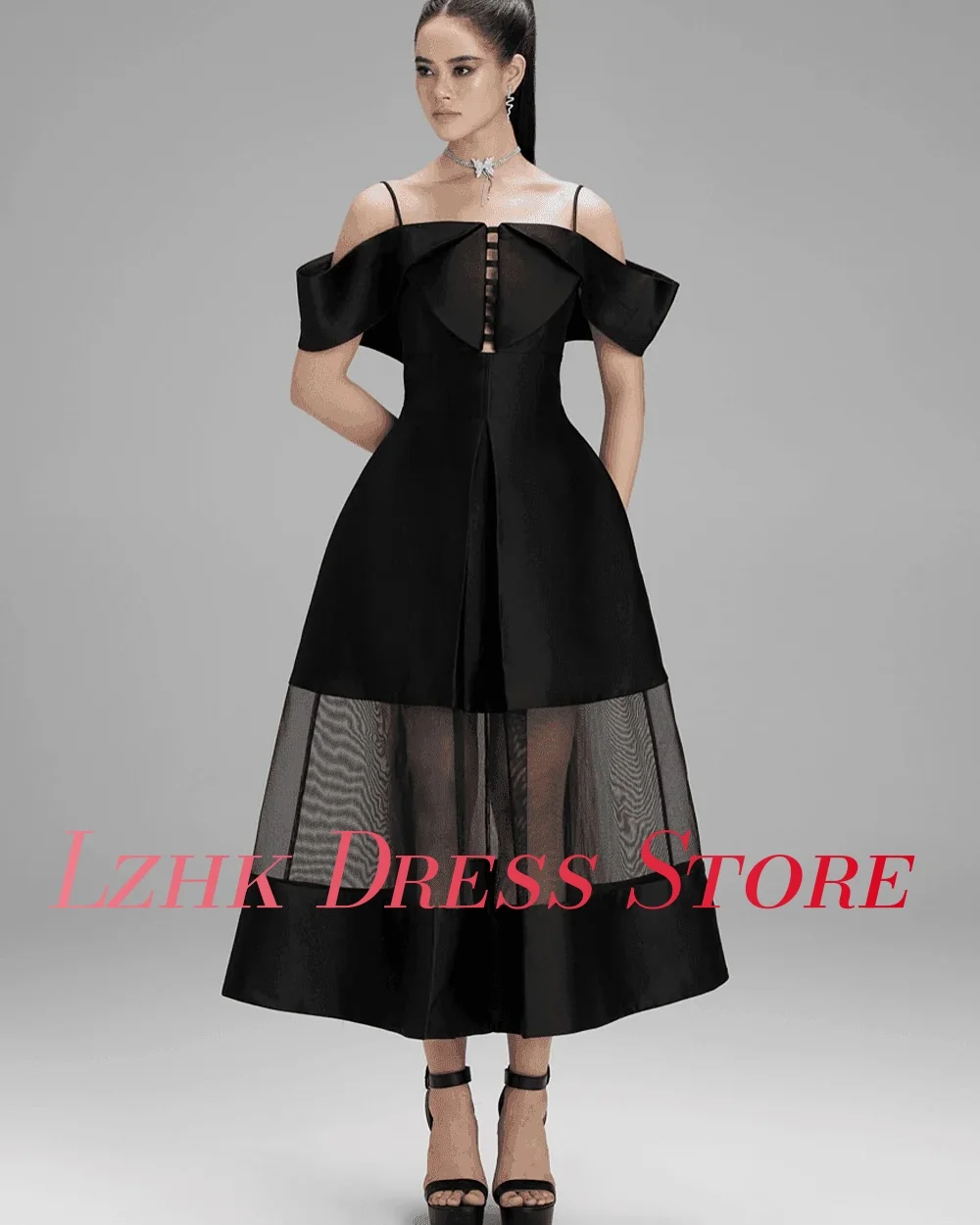 فستان سهرة مخصص عالي الجودة من الساتان على شكل حرف a بحمالات رفيعة وأكمام قصيرة حديثة بطول الكاحل