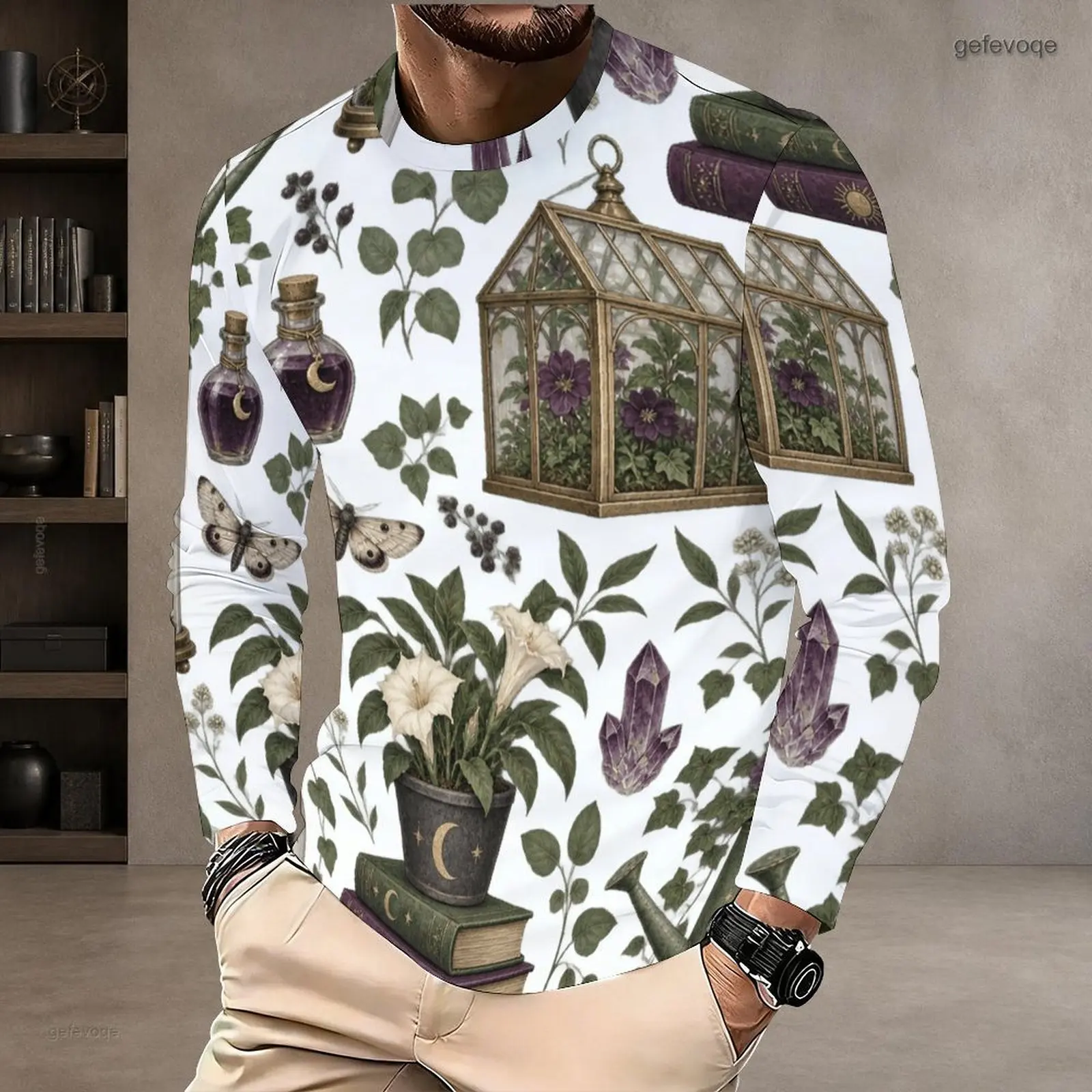 Men White Base Printed Round Neck Long Sleeve T-Shirt with Botanical Terrarium Potion Amethyst Moth Vintage Book Pattern