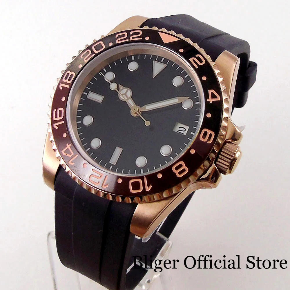 40 mm Roségold Japan NH35A PT5000 Automatik-Herrenuhr, Saphirglas, gebogenes Ende, Kautschukarmband, leuchtendes schwarzes Zifferblatt