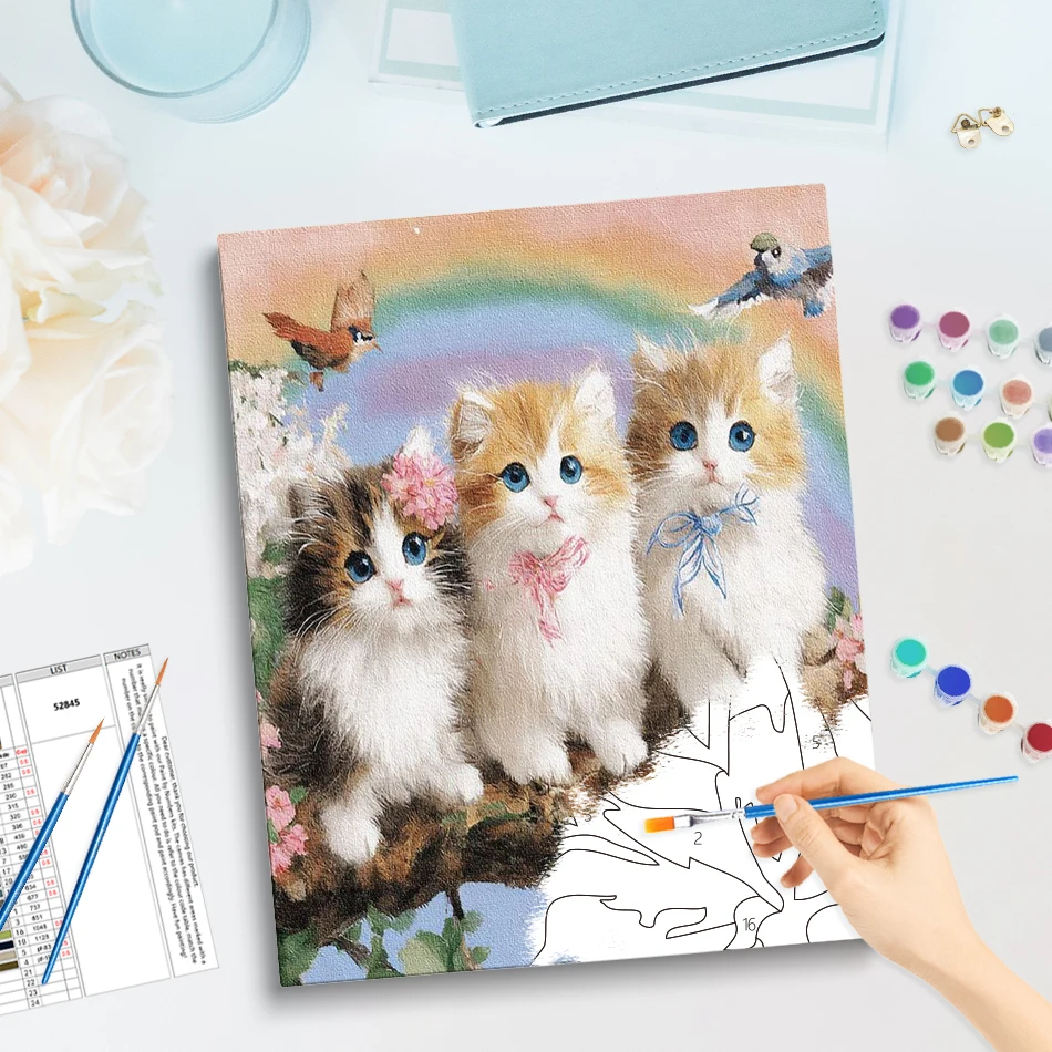 GATYZTORY Painting Paints By Numbers For Beginner Drawing Brushes Handiwork Three cats Living Room Decoration Art Stuff Handwork